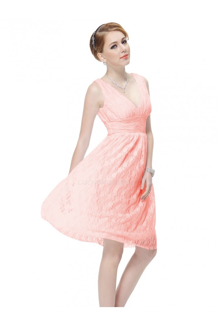 A-Line V-Neck Lace Knee-Length Pink Bridesmaid Dresses/Wedding Party Dresses BD010217