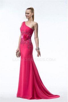 Sheath One-Shoulder Hot Pink Beaded Long Chiffon Bridesmaid Dresses/Evening Dresses BD010315