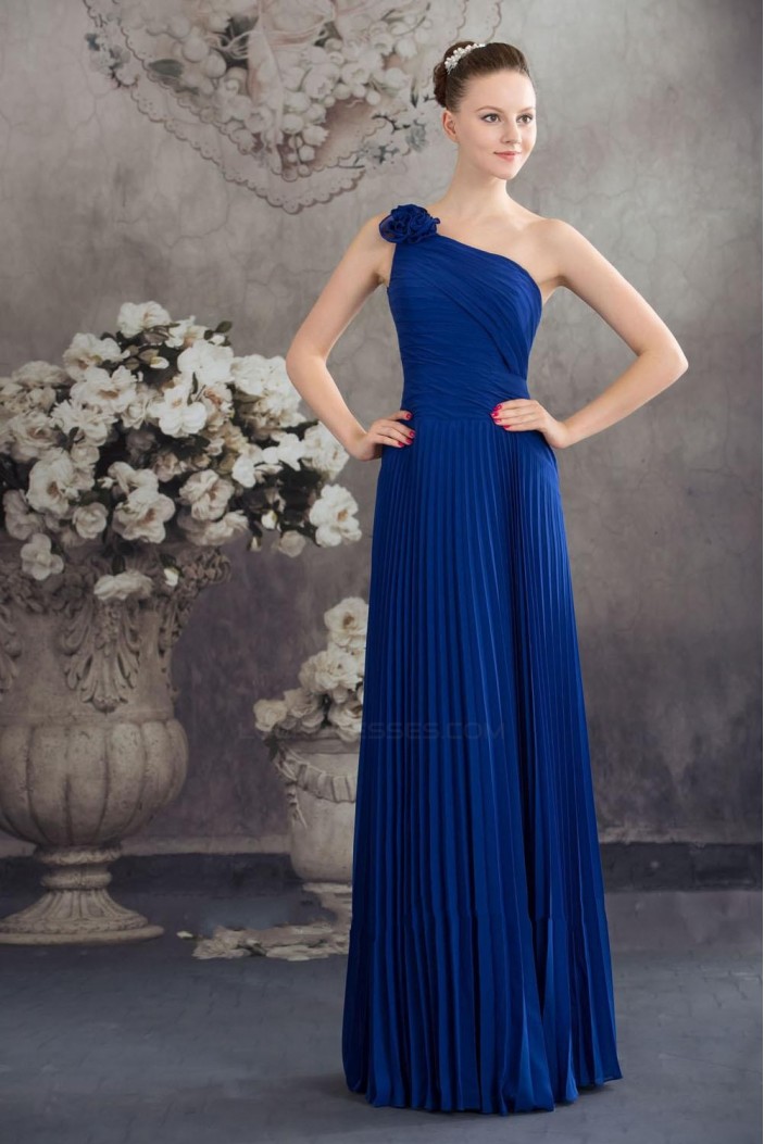 A-Line One-Shoulder Royal Blue Pleated Chiffon Floor-Length Bridesmaid Dresses/Wedding Party Dresses BD010440