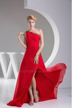Sheath/Column One-Shoulder Beaded Long Red Chiffon Bridesmaid Dresses/Wedding Party Dresses BD010467