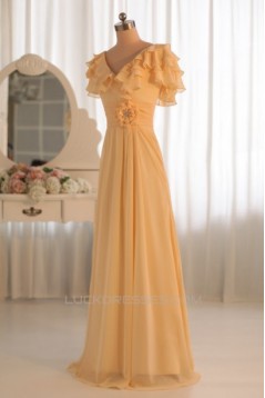 A-Line V-Neck Yellow Floor-Length Chiffon Bridesmaid Dresses/Wedding Party Dresses BD010497