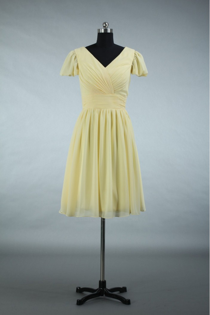 A-Line Short Sleeve V-Neck Yellow Chiffon Bridesmaid Dresses/Evening Dresses BD010511