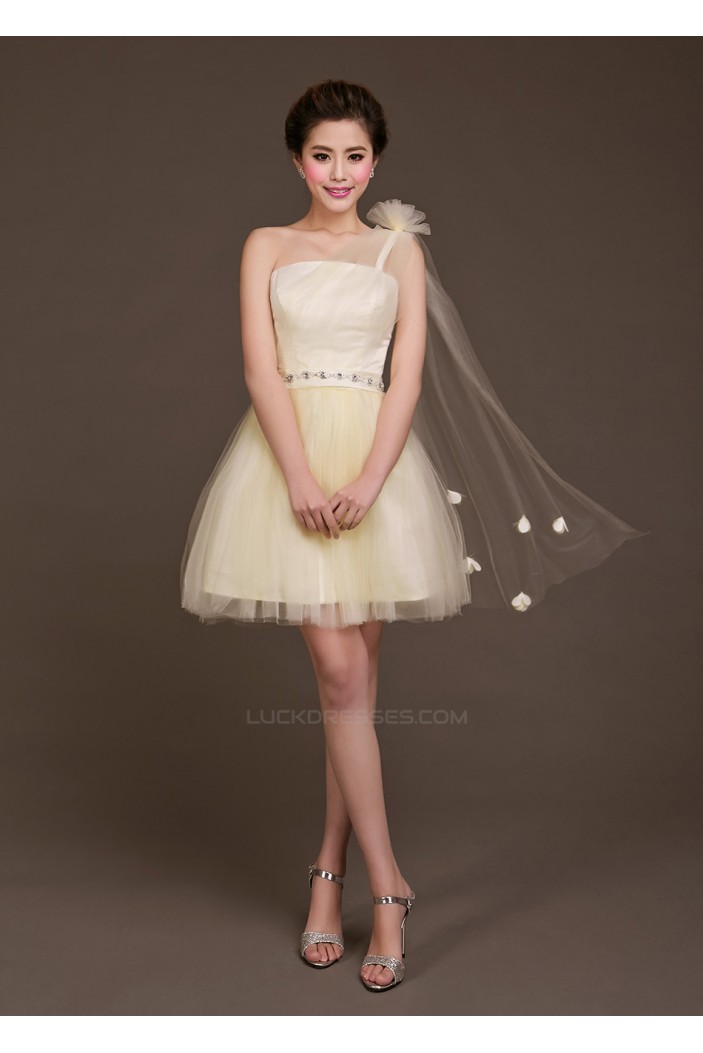 A-Line One-Shoulder Beaded Tulle Short Bridesmaid Dresses/Evening Dresses BD010617