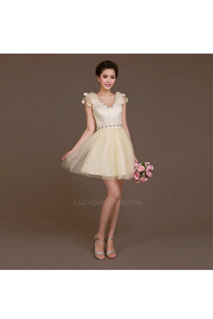 A-Line Beaded Tulle Short V-Neck Bridesmaid Dresses/Evening Dresses BD010619