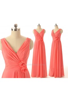 A-Line V-Neck Long Watermelon Chiffon Bridesmaid Dresses/Wedding Party Dresses BD010710