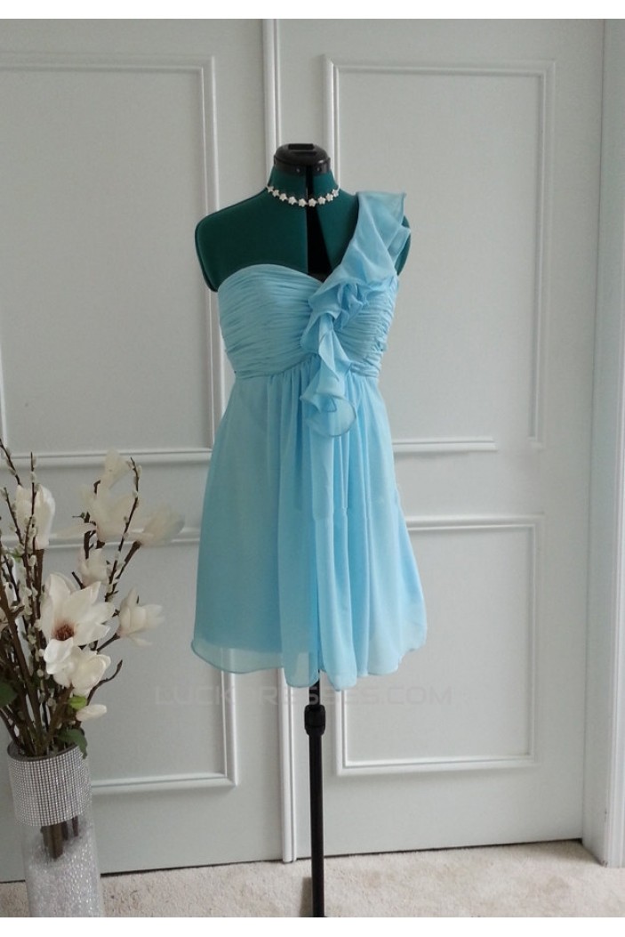 A-Line One-Shoulder Short Blue Chiffon Bridesmaid Dresses/Wedding Party Dresses BD010765
