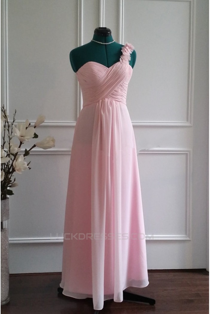 A-Line One-Shoulder Long Pink Chiffon Bridesmaid Dresses/Wedding Party Dresses BD010772