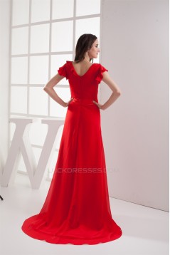 Brush Sweep Train V-Neck Chiffon Silk like Satin Long Red Bridesmaid Dresses with Sleeves 02010010