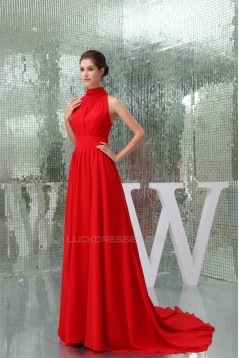 A-Line High-Neck Sleeveless Ruffles Long Red Chiffon Bridesmaid Dresses 02010012