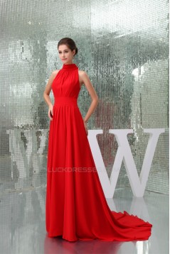 A-Line High-Neck Sleeveless Ruffles Long Red Chiffon Bridesmaid Dresses 02010012