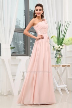 A-Line One-Shoulder Floor-Length Long Pink Chiffon Bridesmaid Dresses 02010016