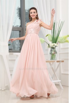 A-Line One-Shoulder Floor-Length Long Pink Chiffon Bridesmaid Dresses 02010016