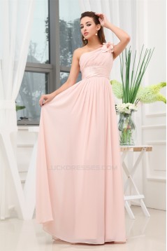 A-Line One-Shoulder Floor-Length Long Pink Chiffon Bridesmaid Dresses 02010016