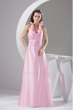 Floor-Length A-Line Halter Sleeveless Ruched Long Pink Bridesmaid Dresses 02010030