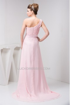 A-Line Beading Brush Sweep Train One-Shoulder Long Pink Chiffon Bridesmaid Dresses 02010089