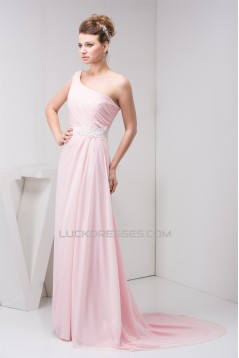 A-Line Beading Brush Sweep Train One-Shoulder Long Pink Chiffon Bridesmaid Dresses 02010089