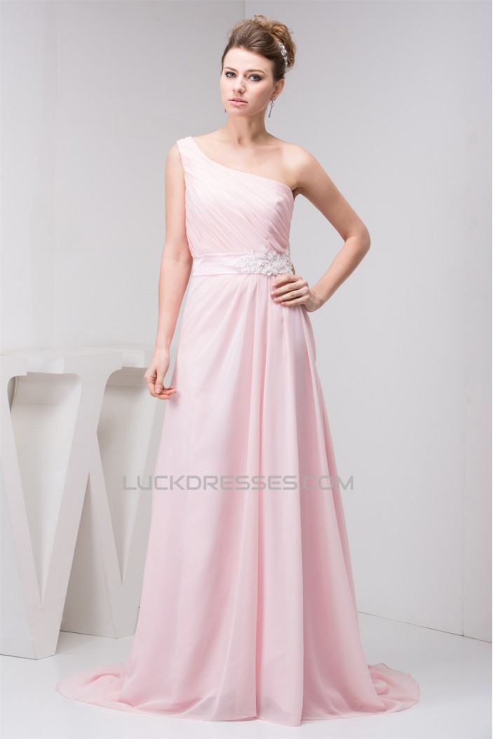 A-Line Beading Brush Sweep Train One-Shoulder Long Pink Chiffon Bridesmaid Dresses 02010089