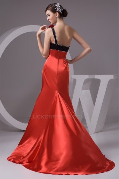 A-Line Silk like Satin Brush Sweep Train One-Shoulder Long Bridesmaid Dresses 02010091