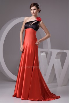 A-Line Silk like Satin Brush Sweep Train One-Shoulder Long Bridesmaid Dresses 02010091