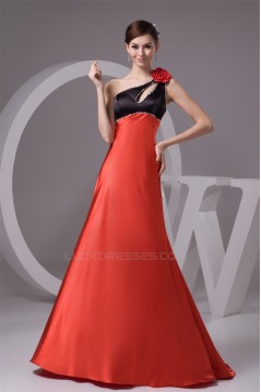 A-Line Silk like Satin Brush Sweep Train One-Shoulder Long Bridesmaid Dresses 02010091