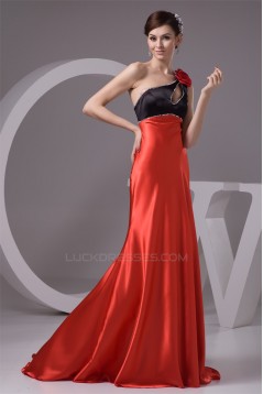 A-Line Silk like Satin Brush Sweep Train One-Shoulder Long Bridesmaid Dresses 02010091