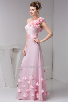 A-Line One-Shoulder Fine Netting Sleeveless Long Pink Bridesmaid Dresses 02010111