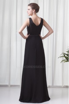 A-Line Chiffon Elastic Woven Satin Brush Sweep Train Long Black Bridesmaid Dresses 02010119