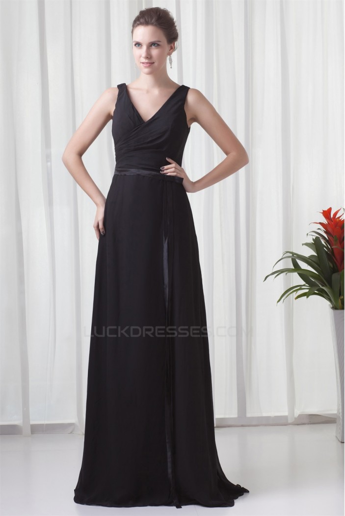 A-Line Chiffon Elastic Woven Satin Brush Sweep Train Long Black Bridesmaid Dresses 02010119