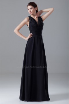 A-Line Chiffon V-Neck Long Black Bridesmaid/Wedding Party Dresses 02010121
