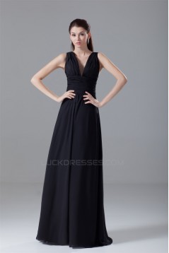 A-Line Chiffon V-Neck Long Black Bridesmaid/Wedding Party Dresses 02010121