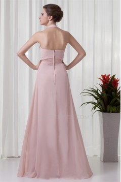 A-Line Sleeveless Floor-Length Ruched Halter Most Popular Long Bridesmaid Dresses 02010129