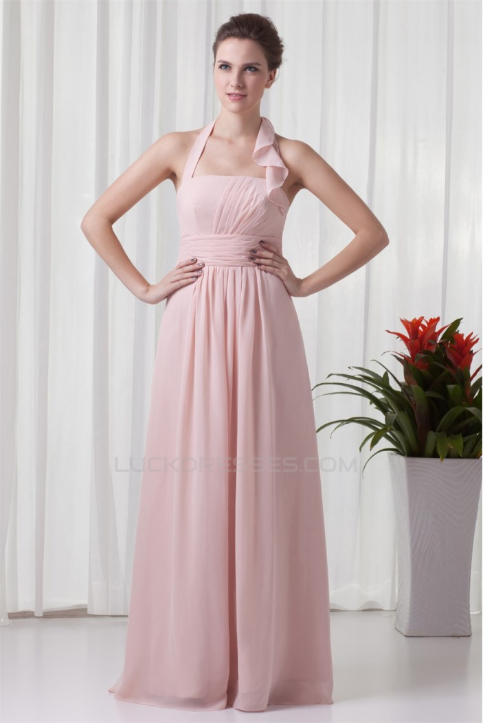 A-Line Sleeveless Floor-Length Ruched Halter Most Popular Long Bridesmaid Dresses 02010129