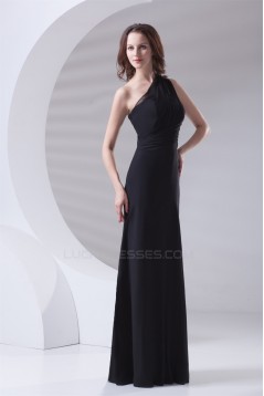 A-Line Sleeveless Floor-Length One-Shoulder Long Black Chiffon Bridesmaid Dresses 02010157