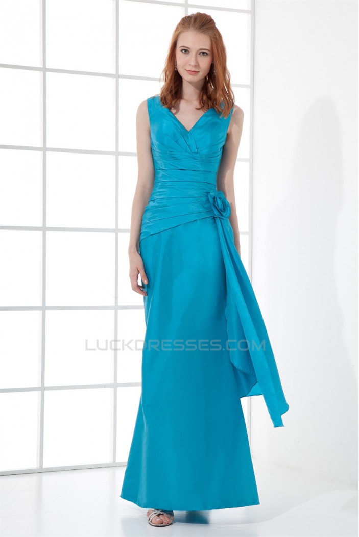 Floor-Length V-Neck Taffeta Handmade Flowers Bridesmaid Dresses 02010163