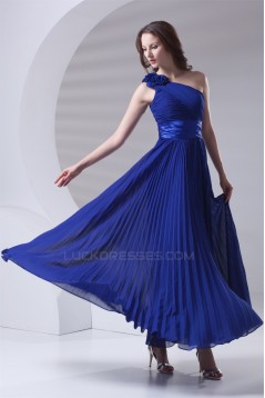 One-Shoulder A-Line Handmade Flowers Chiffon Long Blue Bridesmaid Dresses 02010172