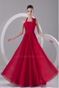 Ruffles Sleeveless Halter Brush Sweep Train Long Red Bridesmaid Dresses 02010182