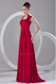 Ruffles Sleeveless Halter Brush Sweep Train Long Red Bridesmaid Dresses 02010182