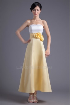 A-Line Ankle-Length Satin Soft Handmade Flowers Bridesmaid Dresses 02010183