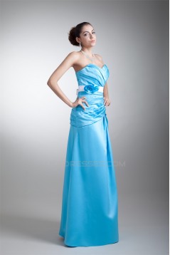 A-Line Floor-Length Sleeveless Satin Handmade Flowers Long Bridesmaid Dresses 02010194