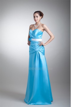 A-Line Floor-Length Sleeveless Satin Handmade Flowers Long Bridesmaid Dresses 02010194