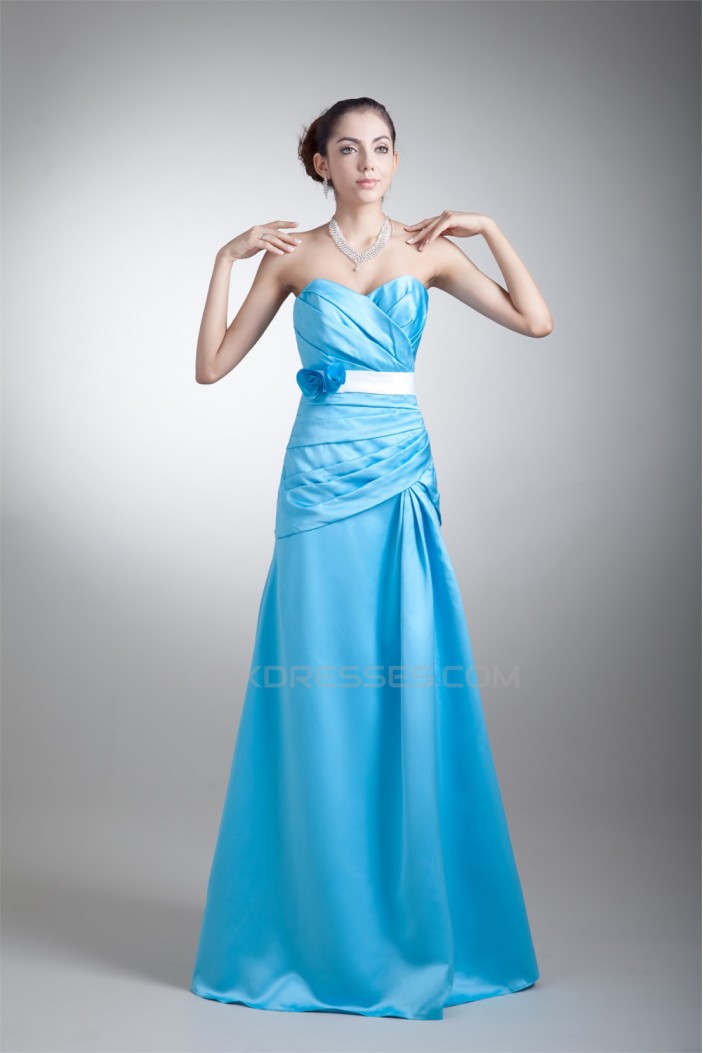 A-Line Floor-Length Sleeveless Satin Handmade Flowers Long Bridesmaid Dresses 02010194
