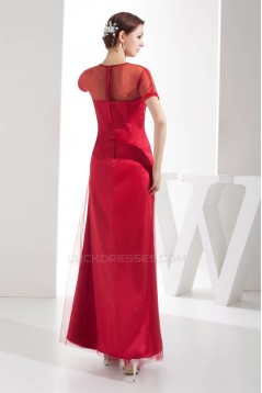 Ankle-Length Scoop A-Line Fine Netting Long Red Bridesmaid Dresses with Short Sleeves 02010216