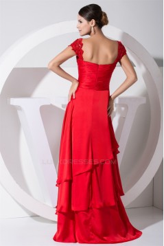 A-Line Cap-Sleeve Sweetheart Elastic Woven Satin Beading Long Red Bridesmaid Dresses 02010239