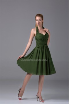 A-Line Halter Knee-Length Criss Cross Sleeveless Short Green Bridesmaid Dresses 02010282