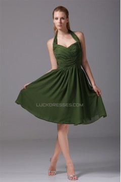A-Line Halter Knee-Length Criss Cross Sleeveless Short Green Bridesmaid Dresses 02010282