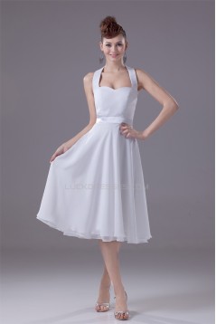 A-Line Halter Fixed Belt Tea Length Sleeveless Short White Bridesmaid Dresses 02010289