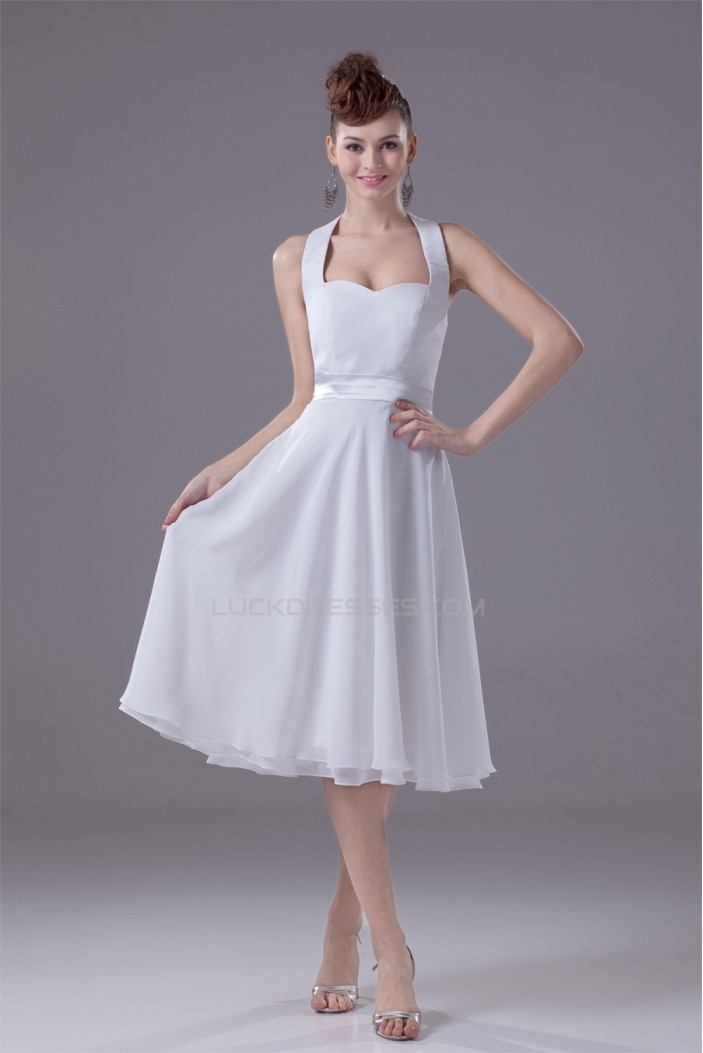 A-Line Halter Fixed Belt Tea Length Sleeveless Short White Bridesmaid Dresses 02010289