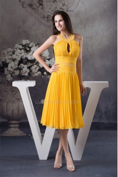 Halter Under Knee Beading A-Line Chiffon Short Yellow Evening/Bridesmaid Dresses 02010296