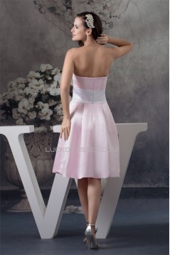A-Line Strapless Soft Satin Handmade Flowers Short Pink Bridesmaid Dresses 02010374