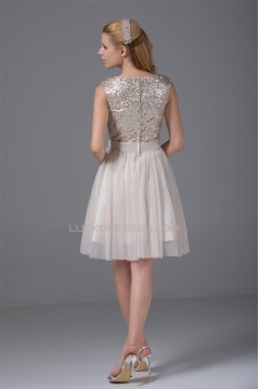 Straps Handmade Flowers Knee-Length Sheath/Column Sequins and Chiffon Short Bridesmaid Dresses 02010379